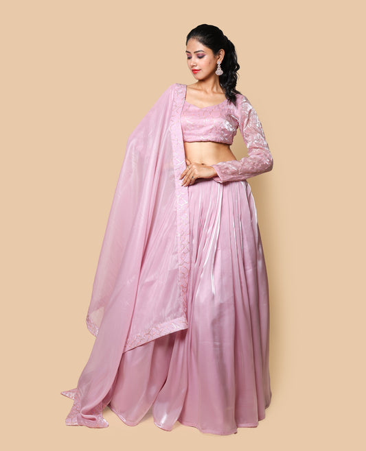 Kellpar  Shiny Pink Lehenga Set with Embroidery