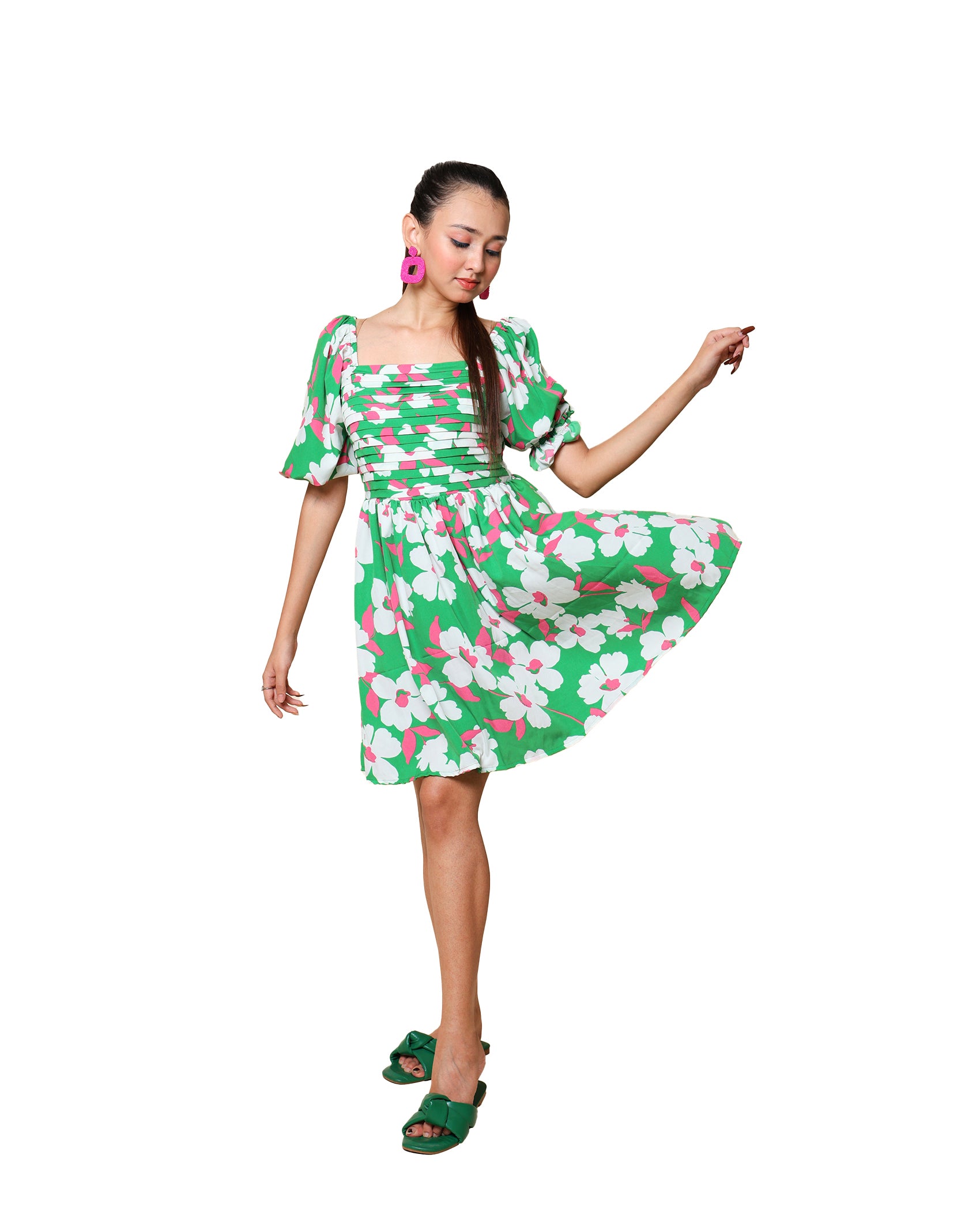 Kellpar Green Floral Front Pleated Dress