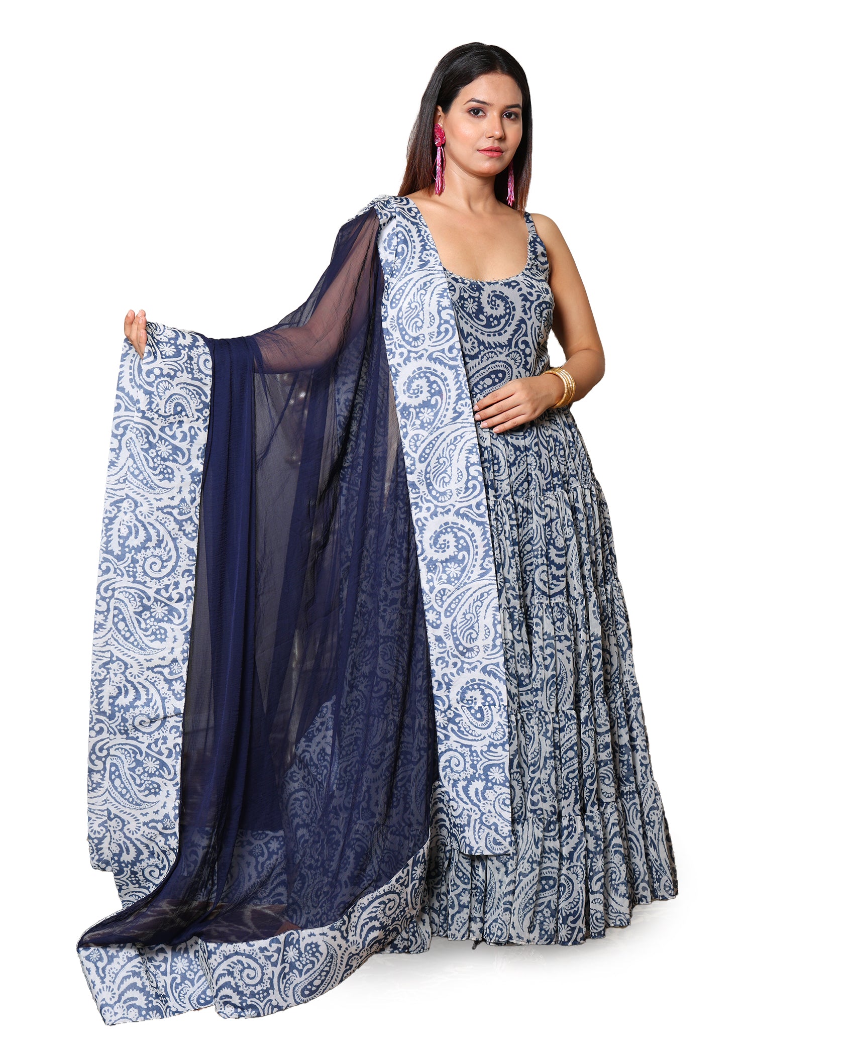 Kellpar Strap Navy Blue Gown With Dupatta