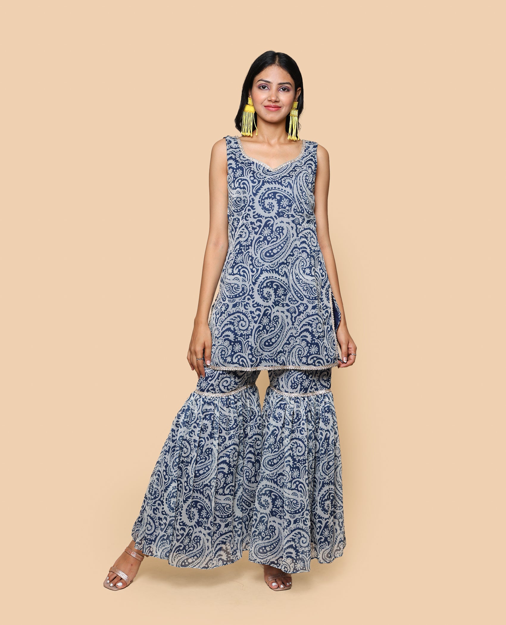 Kellpar  Blue Chiffon Sharara Set