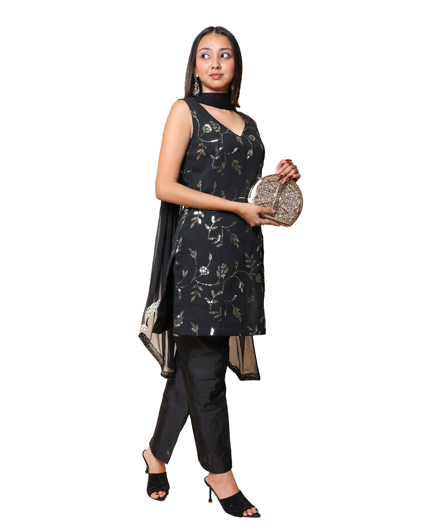 Kellpar  Sequins Embroidery Black Kurti Set