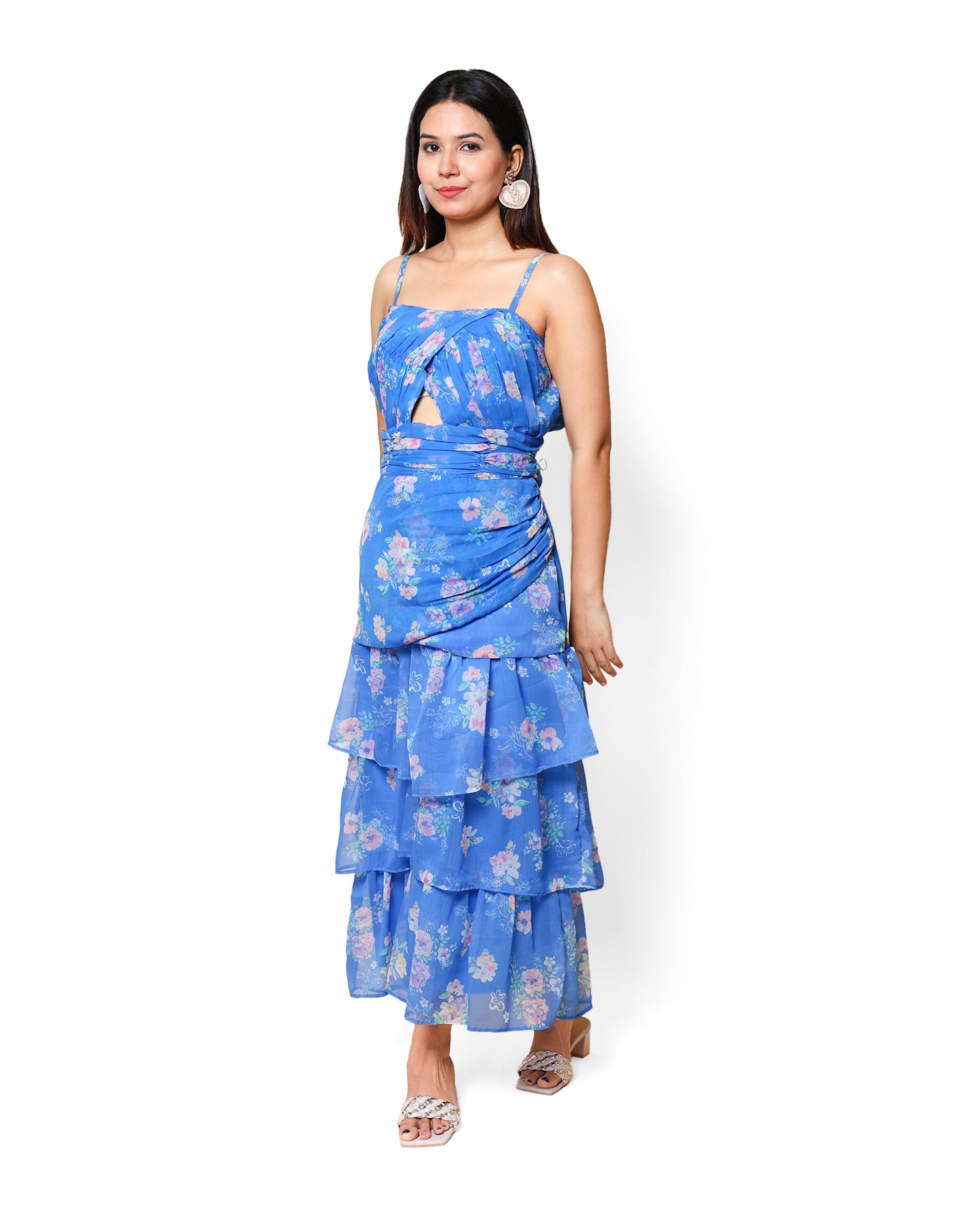 Kellpar Floral Print Folds Wrapped Layered Dress