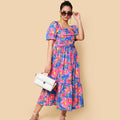 Kellpar Blue Floral Maxi Dress with Pink Flowers