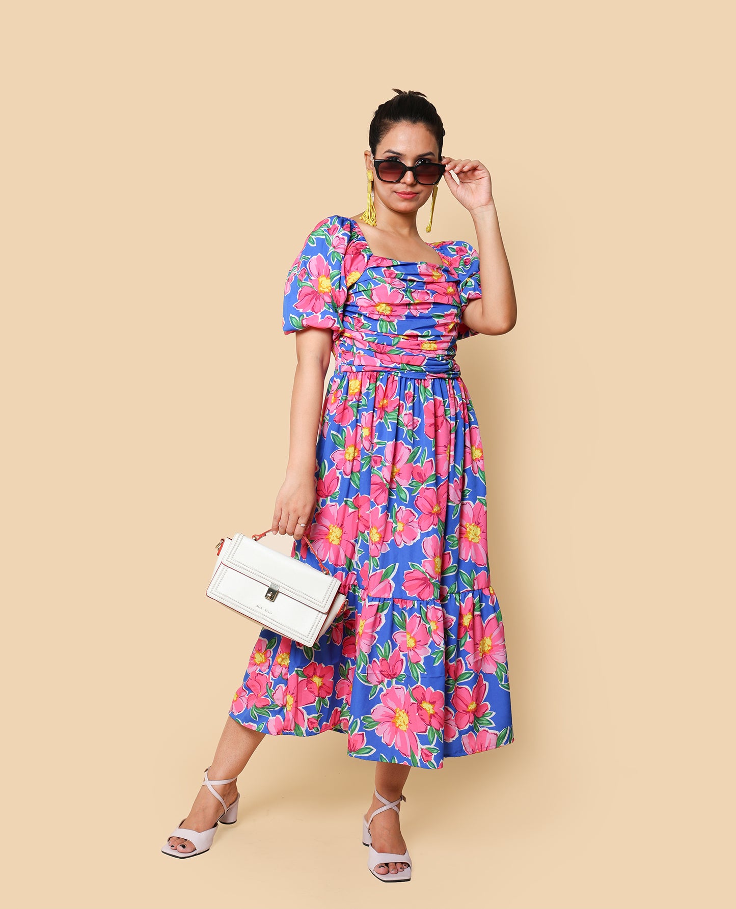 Kellpar Blue Floral Maxi Dress with Pink Flowers