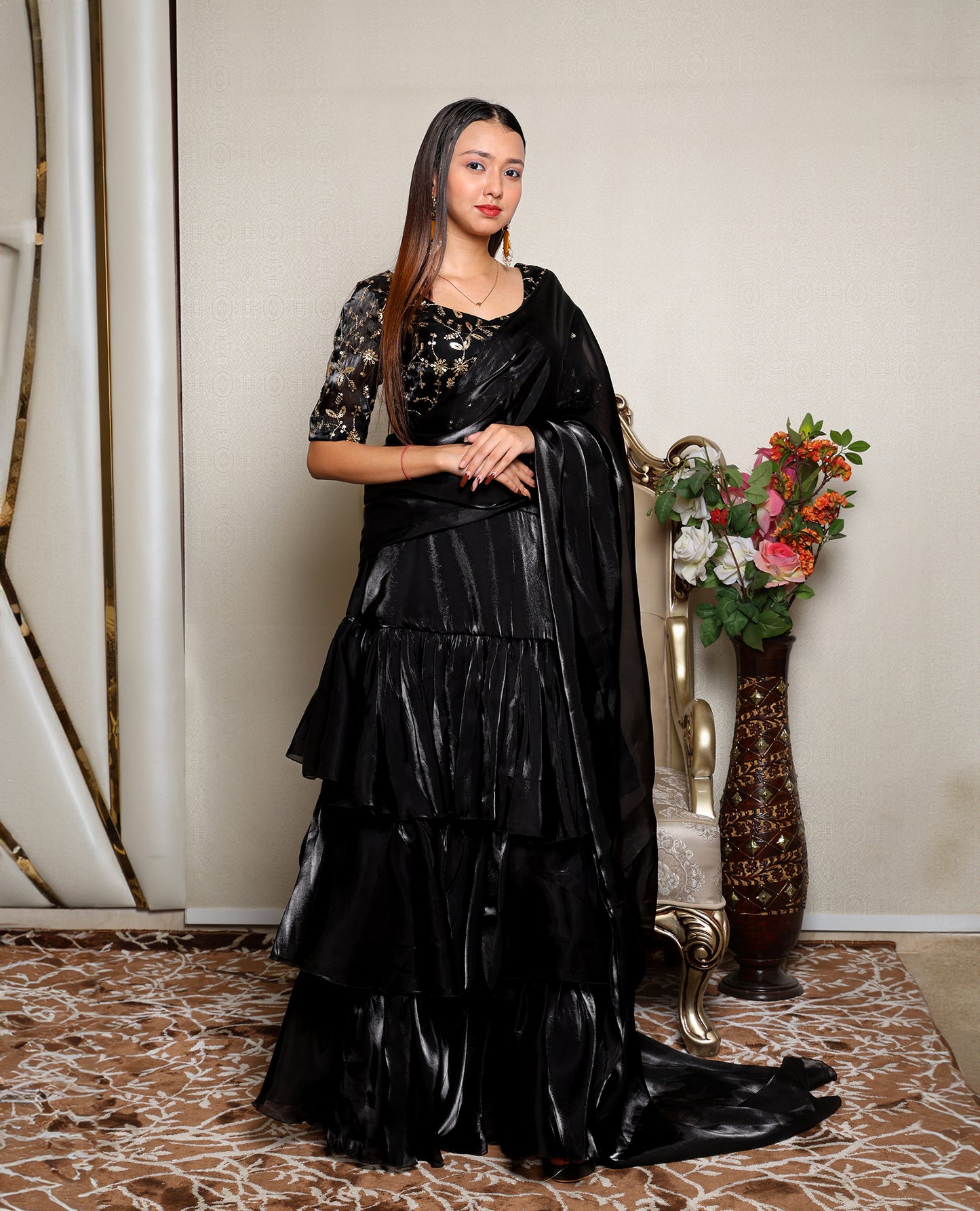 Kellpar Elegant Black Ruffle Saree