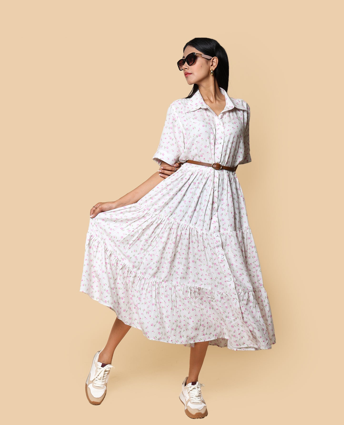 Kellpar Floral White Tiered Dress Without belt