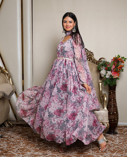 Kellpar Stunning Full Sleeve Floral Print Gown with Dupatta