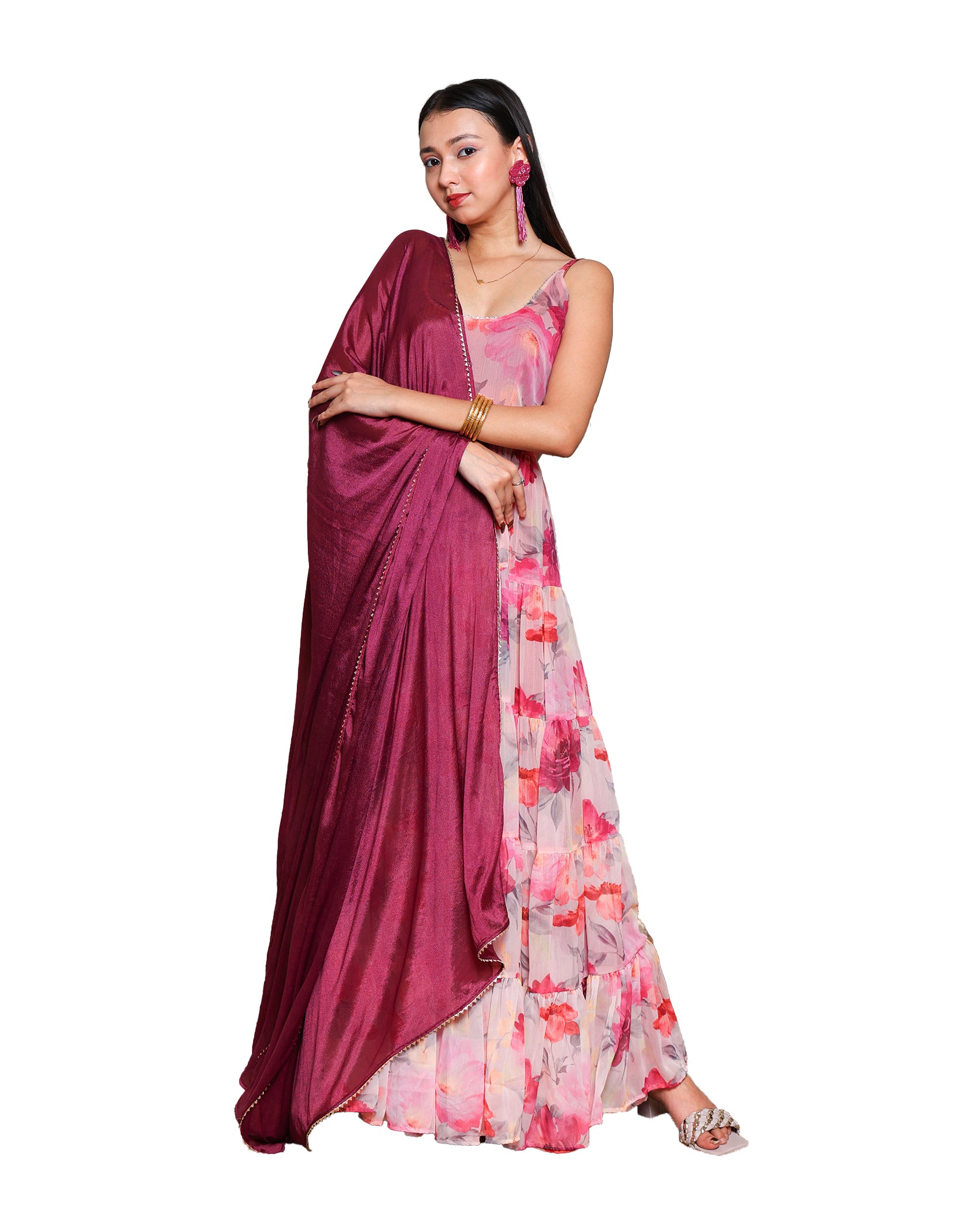 Kellpar Strap Floral Gown With Dupatta