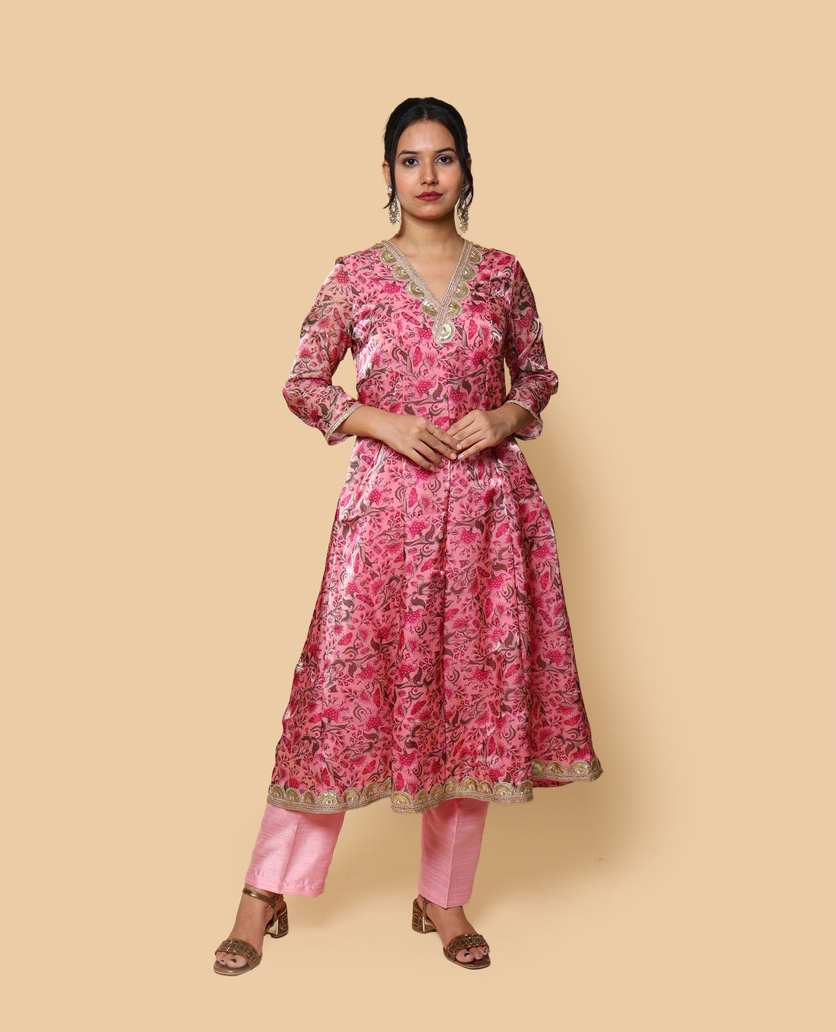 Kellpar  Pink Floral Kali Kurti with Pant