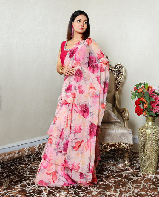 Kellpar bykt Women'S Floral Printed Georgette Saree with Lace Border & Solid Blouse (Ready To Wear One Minute Saree)