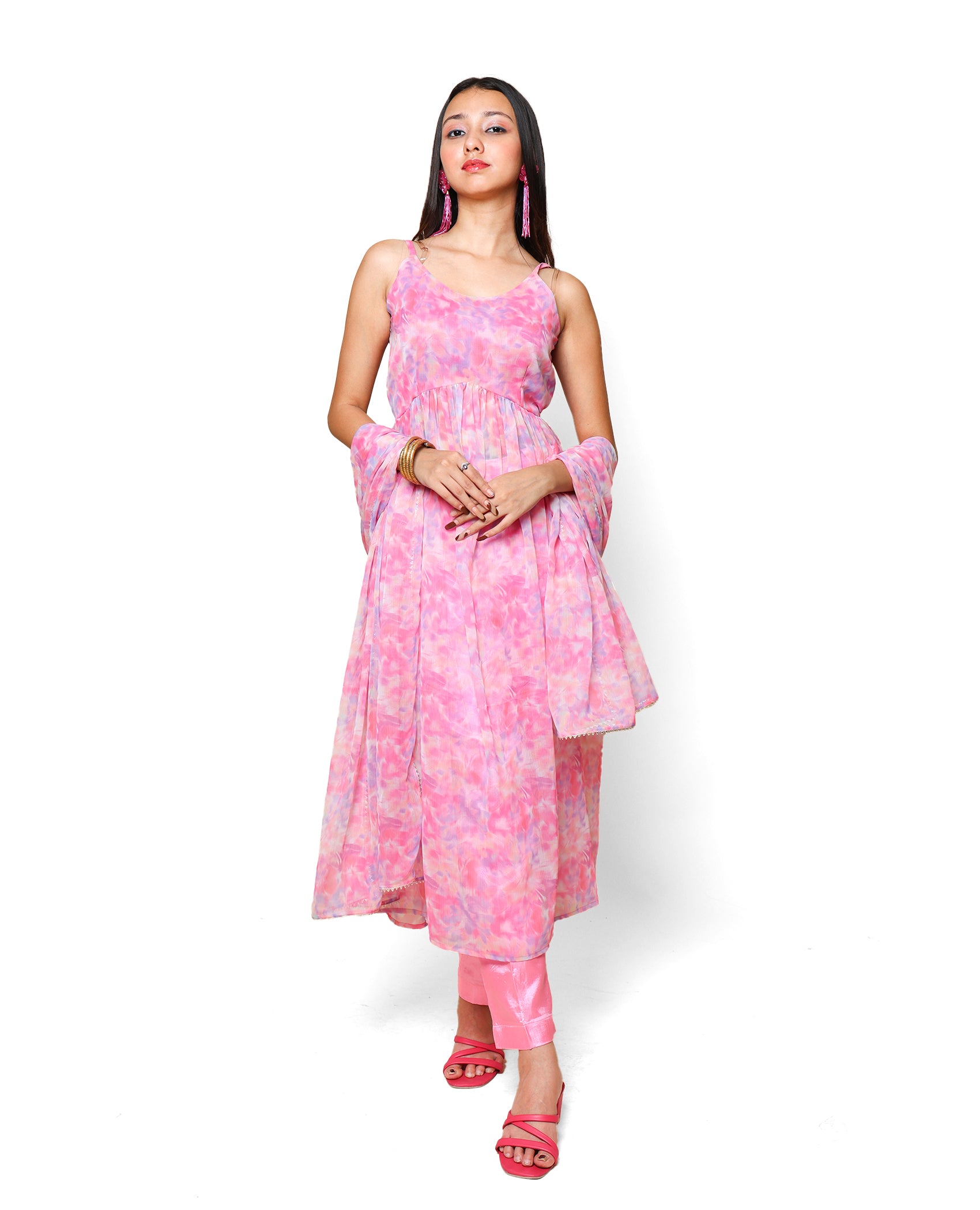 Kellpar Pink Chiffon High Slit Kurti Set