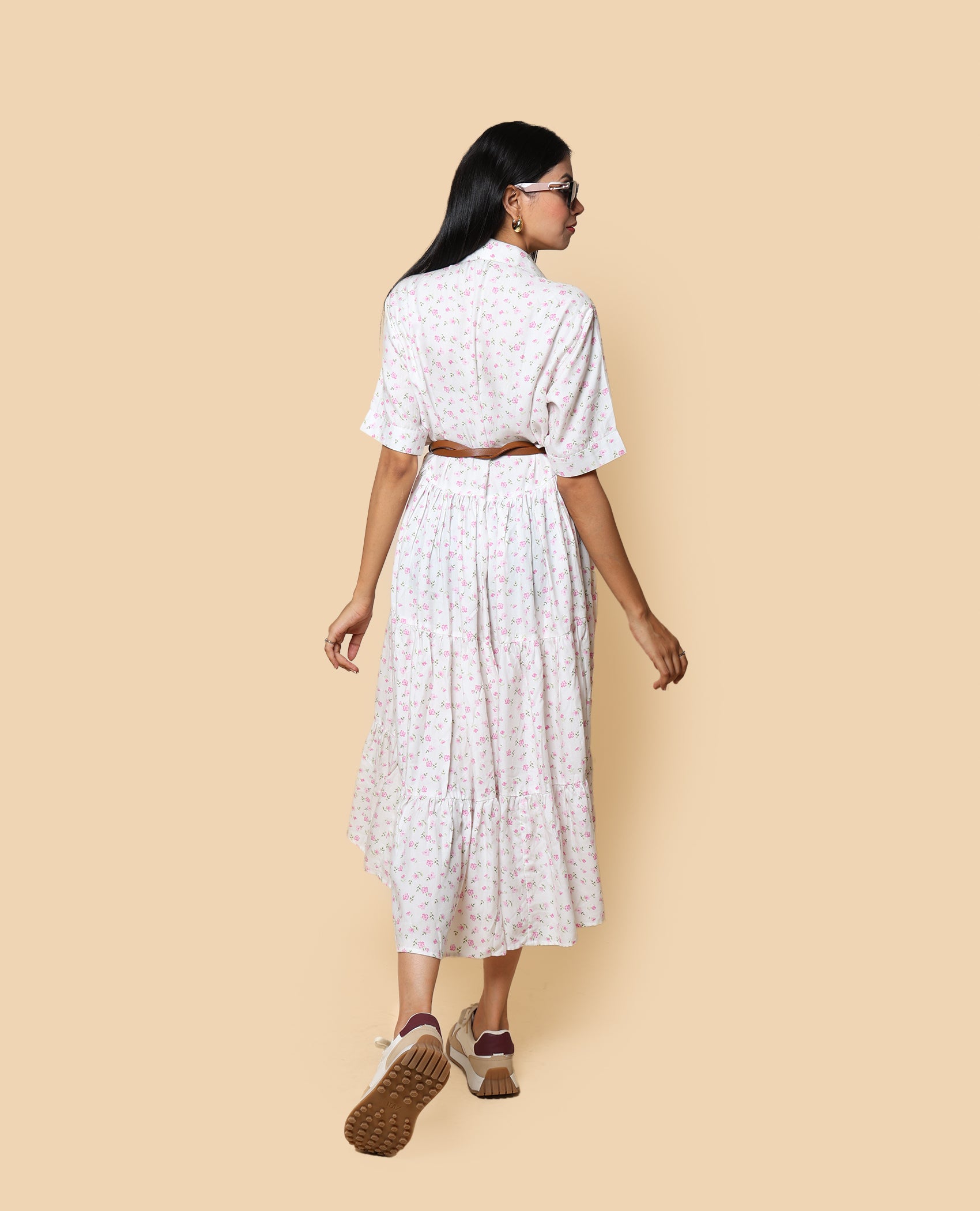 Kellpar Floral White Tiered Dress Without belt