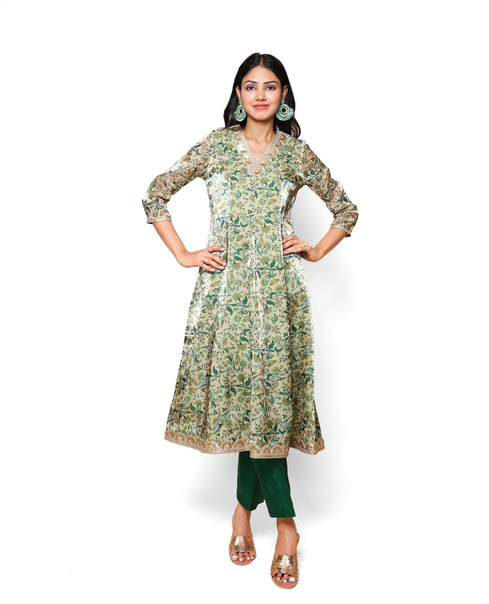 Kellpar  Green Floral Kali Kurti with Pant