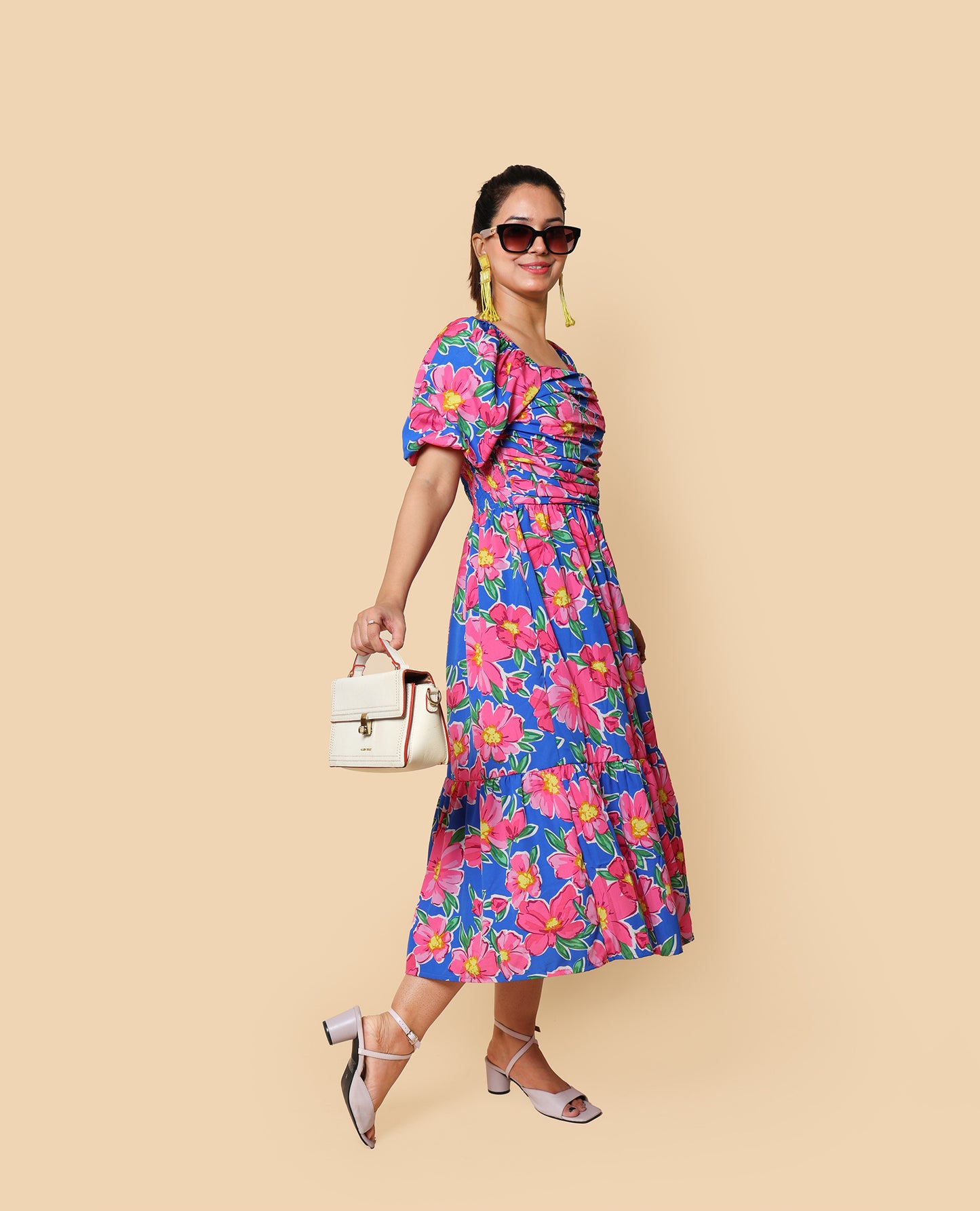 Kellpar Blue Floral Maxi Dress with Pink Flowers