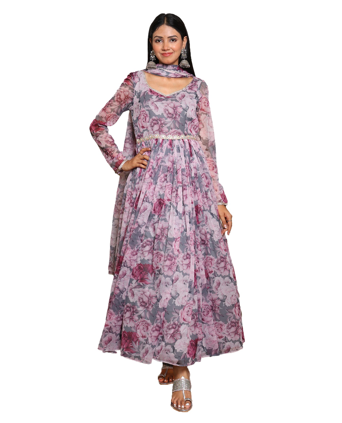 Kellpar Stunning Full Sleeve Floral Print Gown with Dupatta