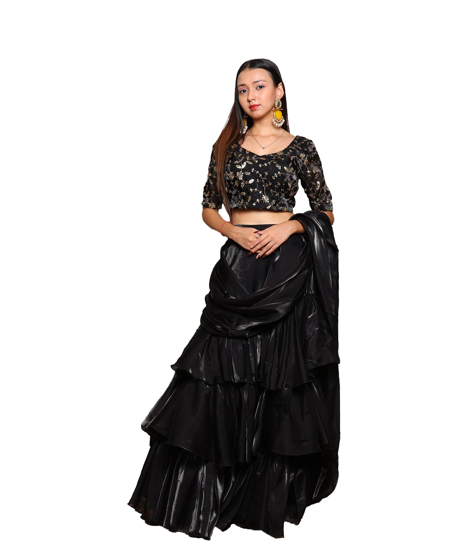 Kellpar Elegant Black Ruffle Saree