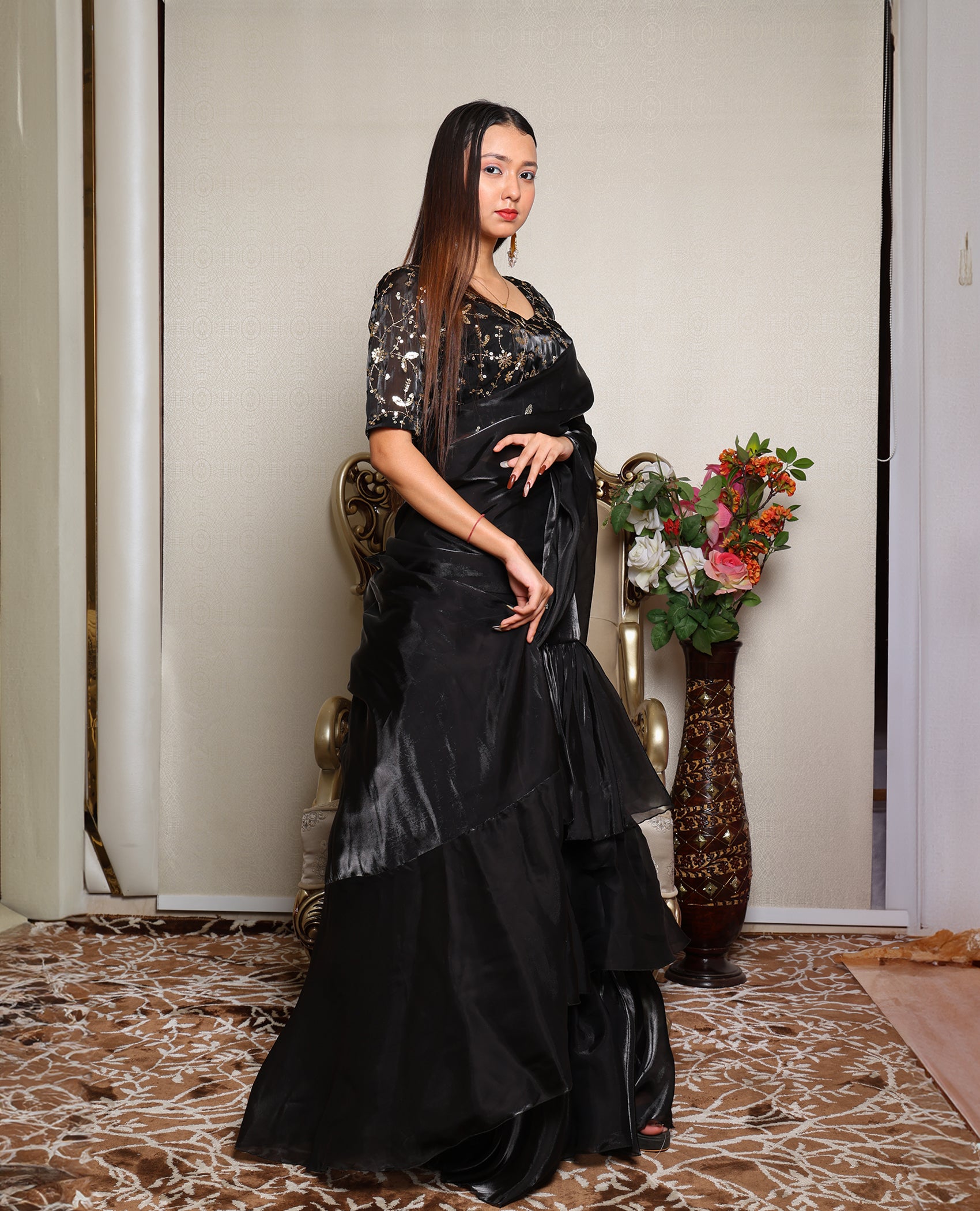 Kellpar Elegant Black Ruffle Saree