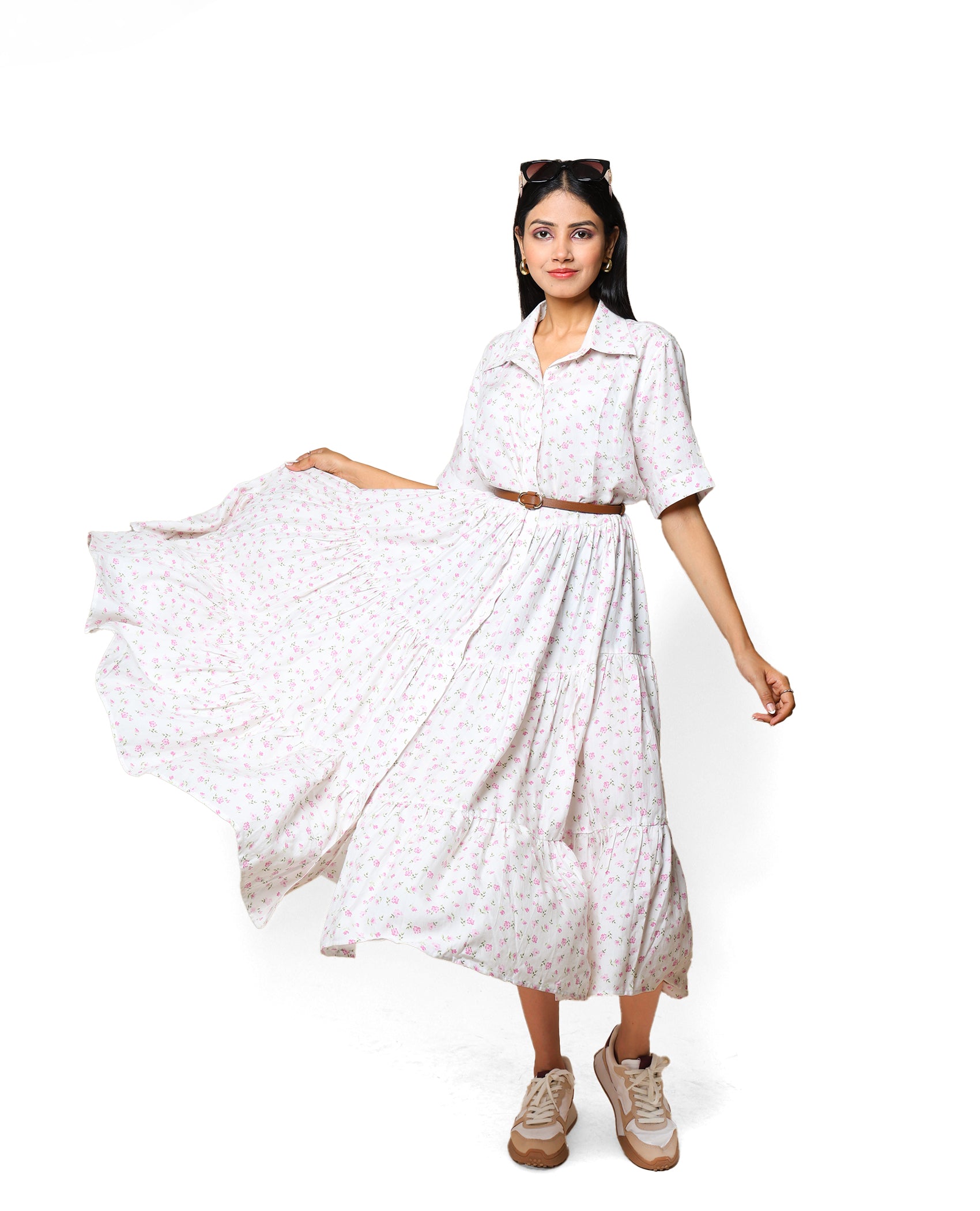 Kellpar Floral White Tiered Dress Without belt