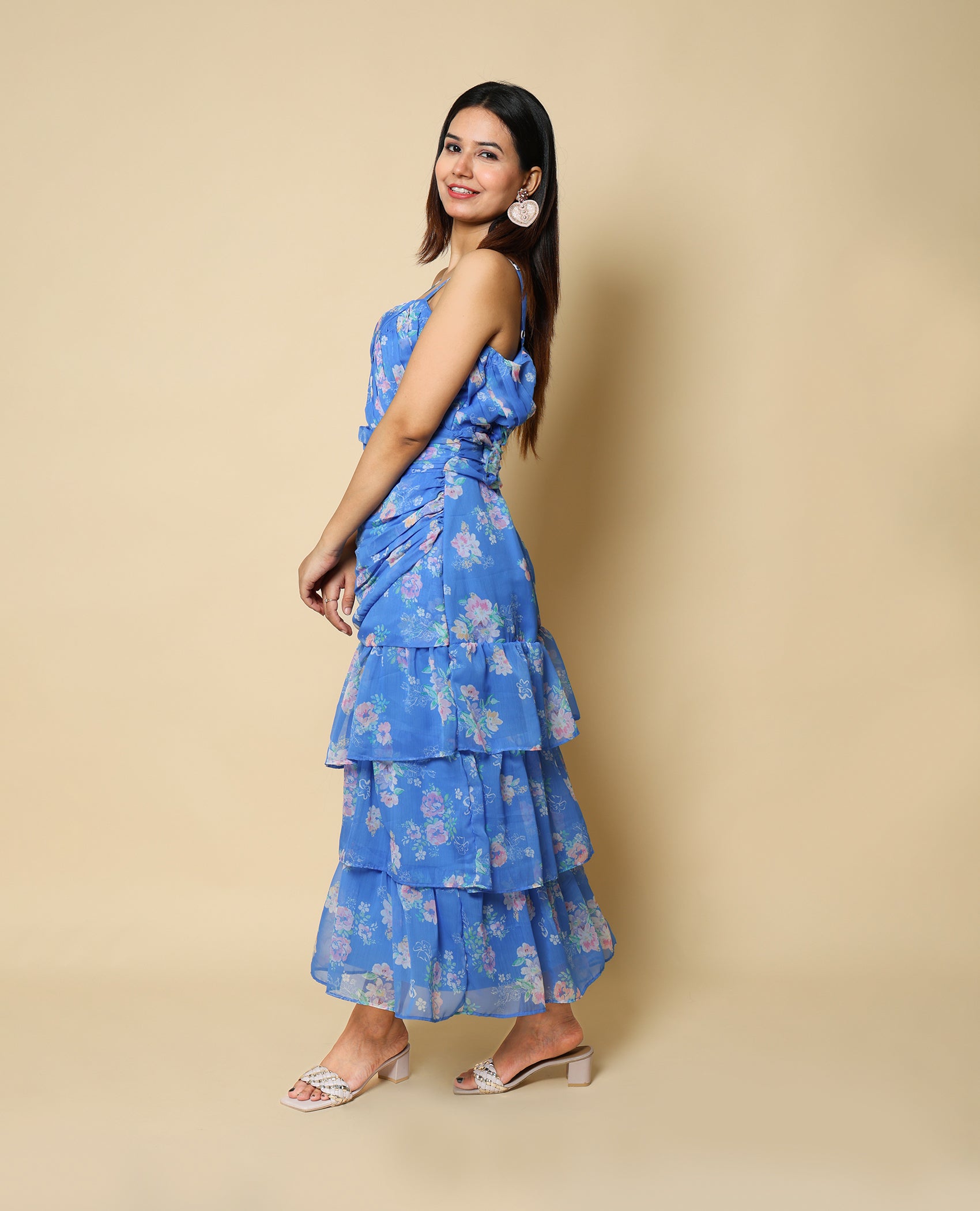 Kellpar Floral Print Folds Wrapped Layered Dress