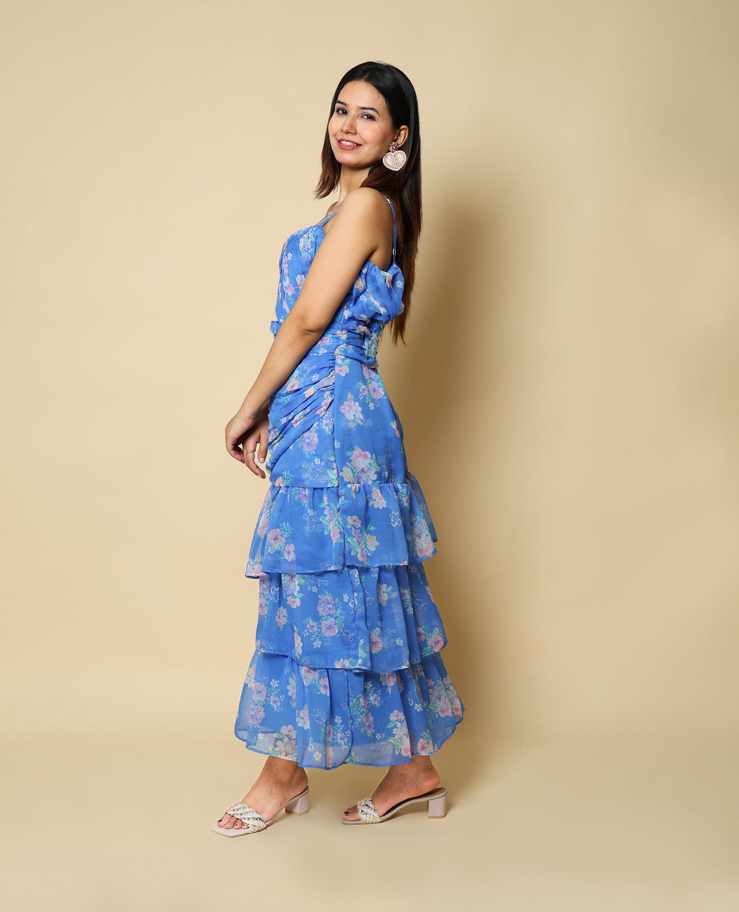 Kellpar Floral Print Folds Wrapped Layered Dress