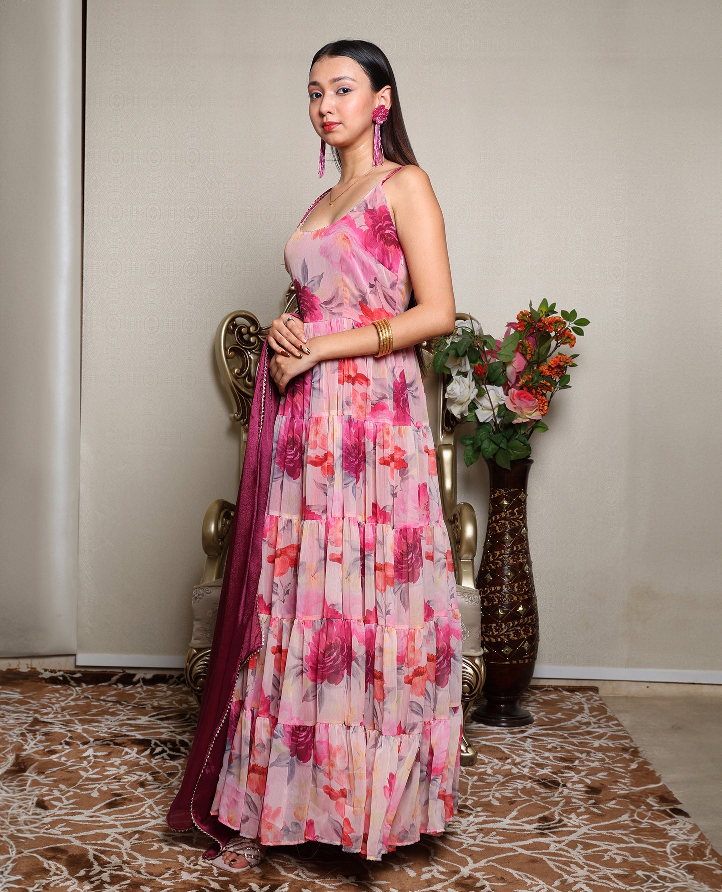 Kellpar Strap Floral Gown With Dupatta