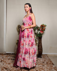 Kellpar Strap Floral Gown With Dupatta