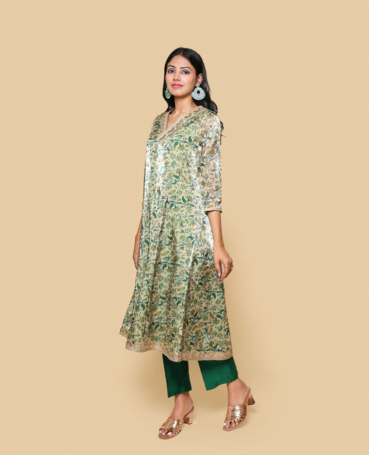 Kellpar  Green Floral Kali Kurti with Pant