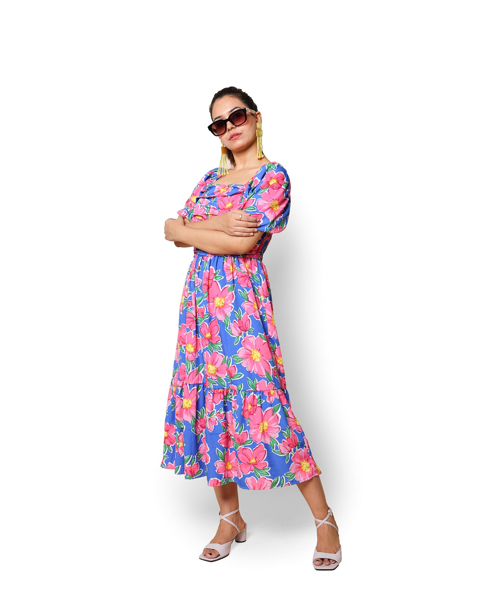 Kellpar Blue Floral Maxi Dress with Pink Flowers