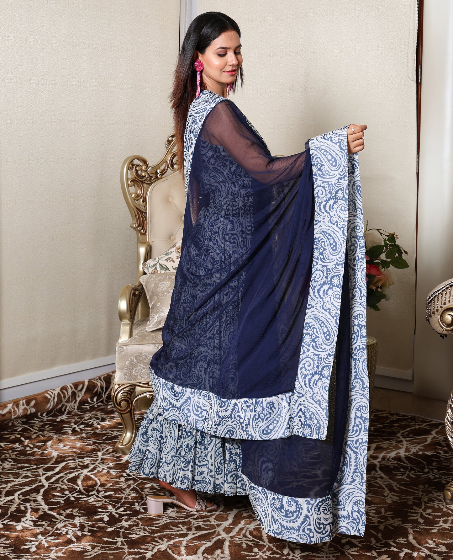 Kellpar Strap Navy Blue Gown With Dupatta