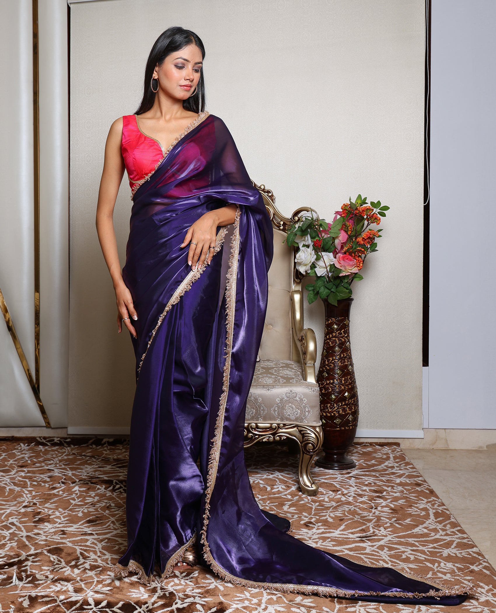 Kellpar Regal Purple Drape Saree with Dark Pink Blouse