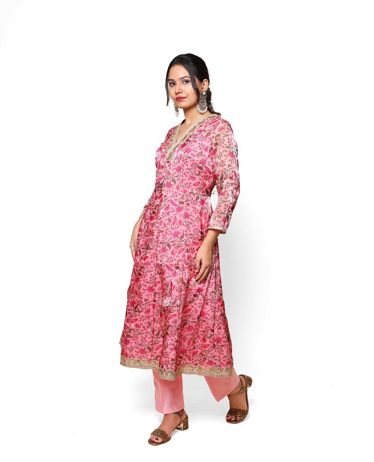 Kellpar  Pink Floral Kali Kurti with Pant