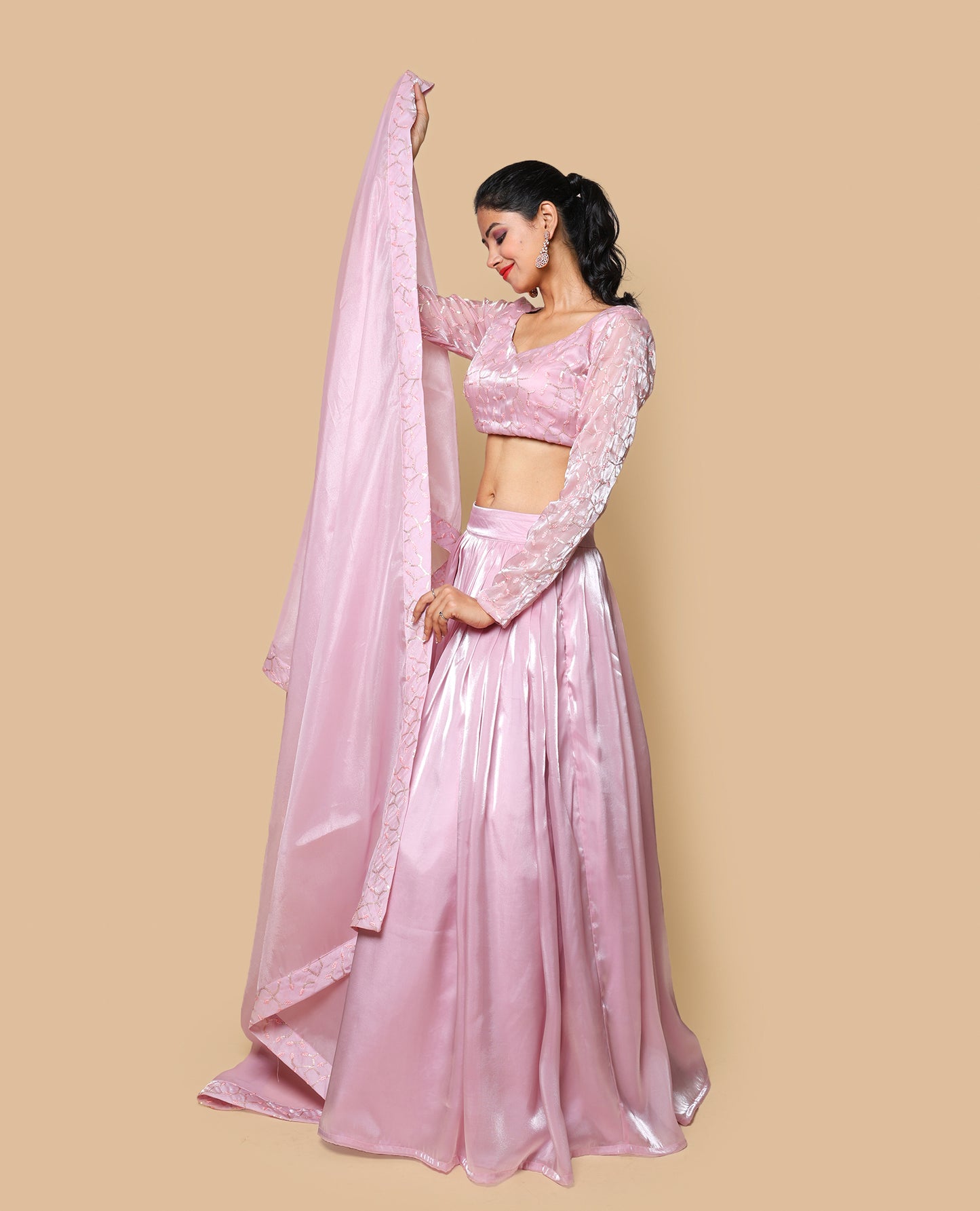 Kellpar  Shiny Pink Lehenga Set with Embroidery