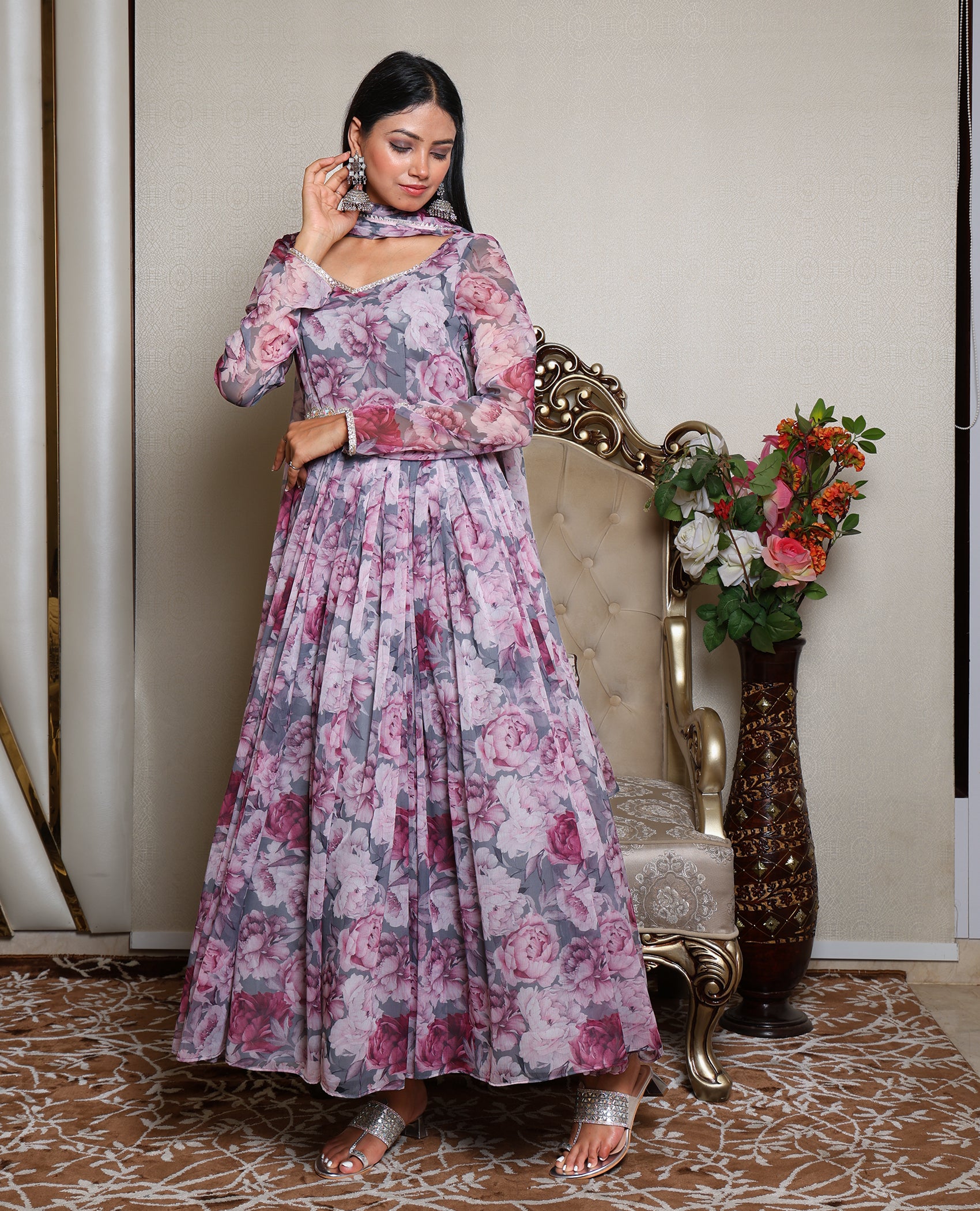 Kellpar Stunning Full Sleeve Floral Print Gown with Dupatta