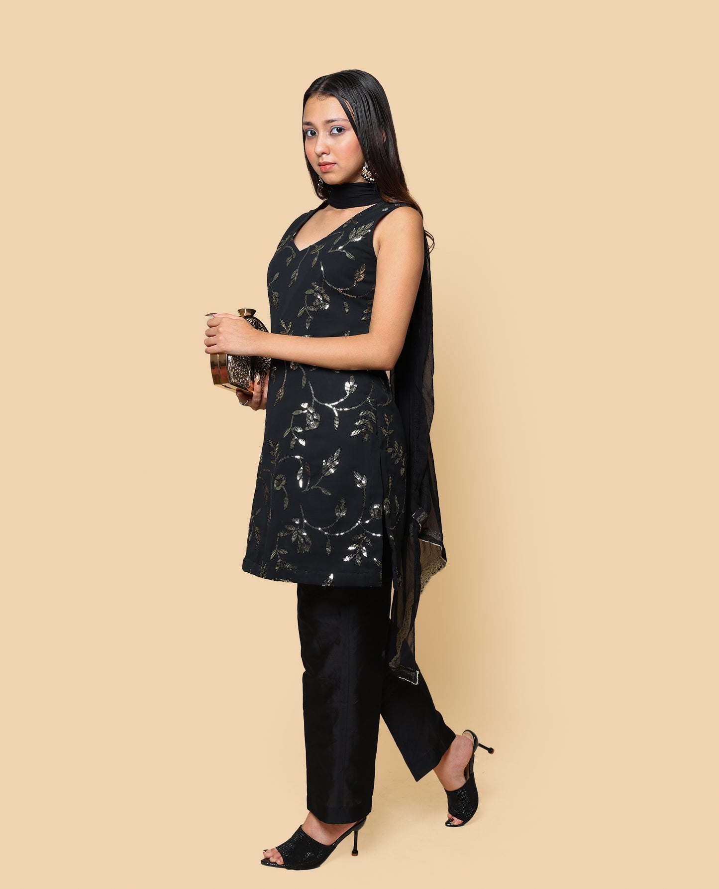 Kellpar  Sequins Embroidery Black Kurti Set