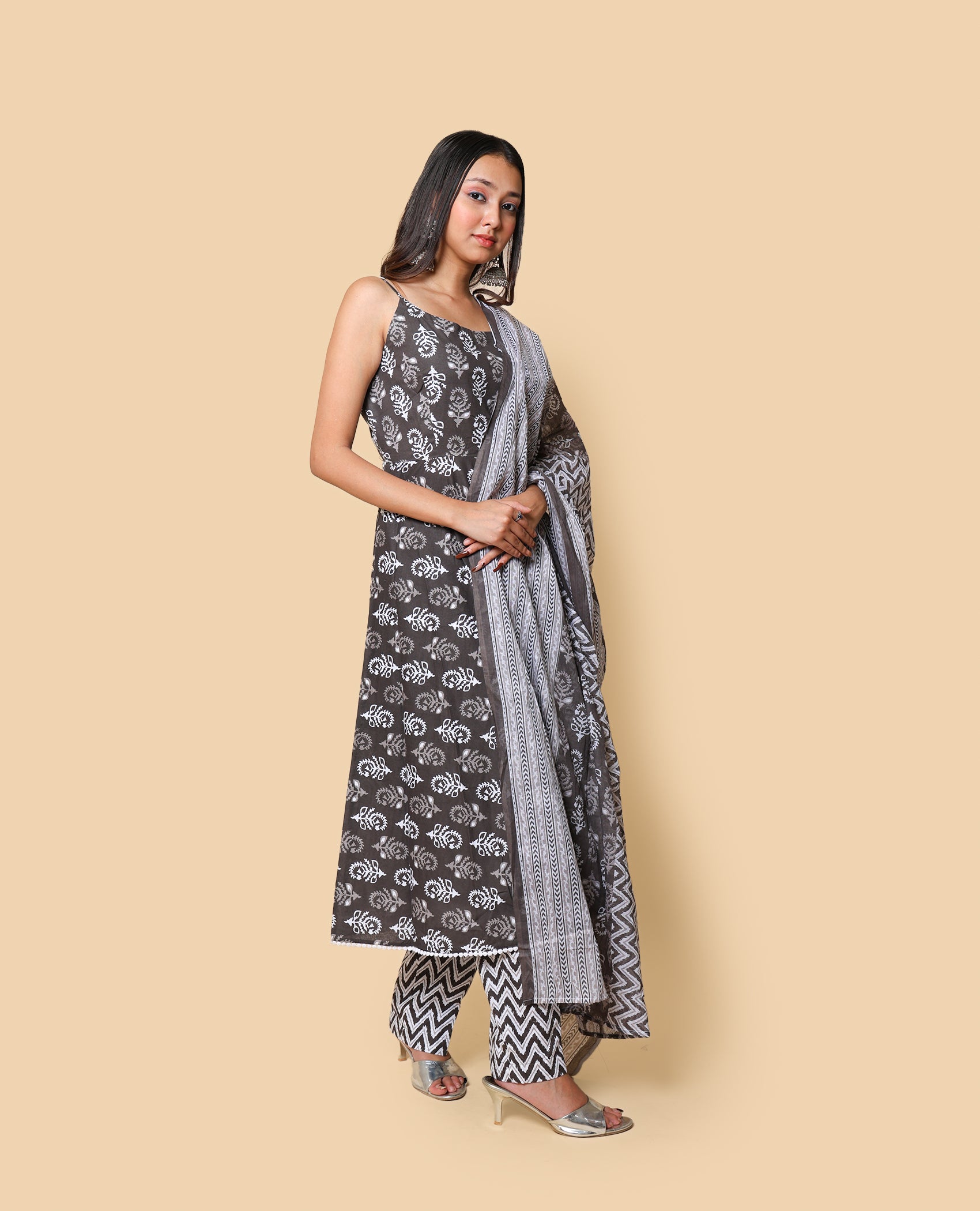 Kellpar  Cotton Frock Style Kurti with Pant and Dupatta Set