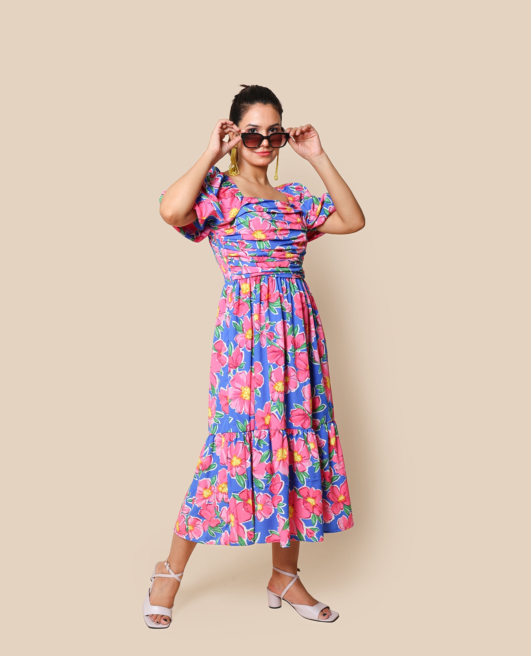 Kellpar Blue Floral Maxi Dress with Pink Flowers