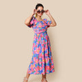 Kellpar Blue Floral Maxi Dress with Pink Flowers