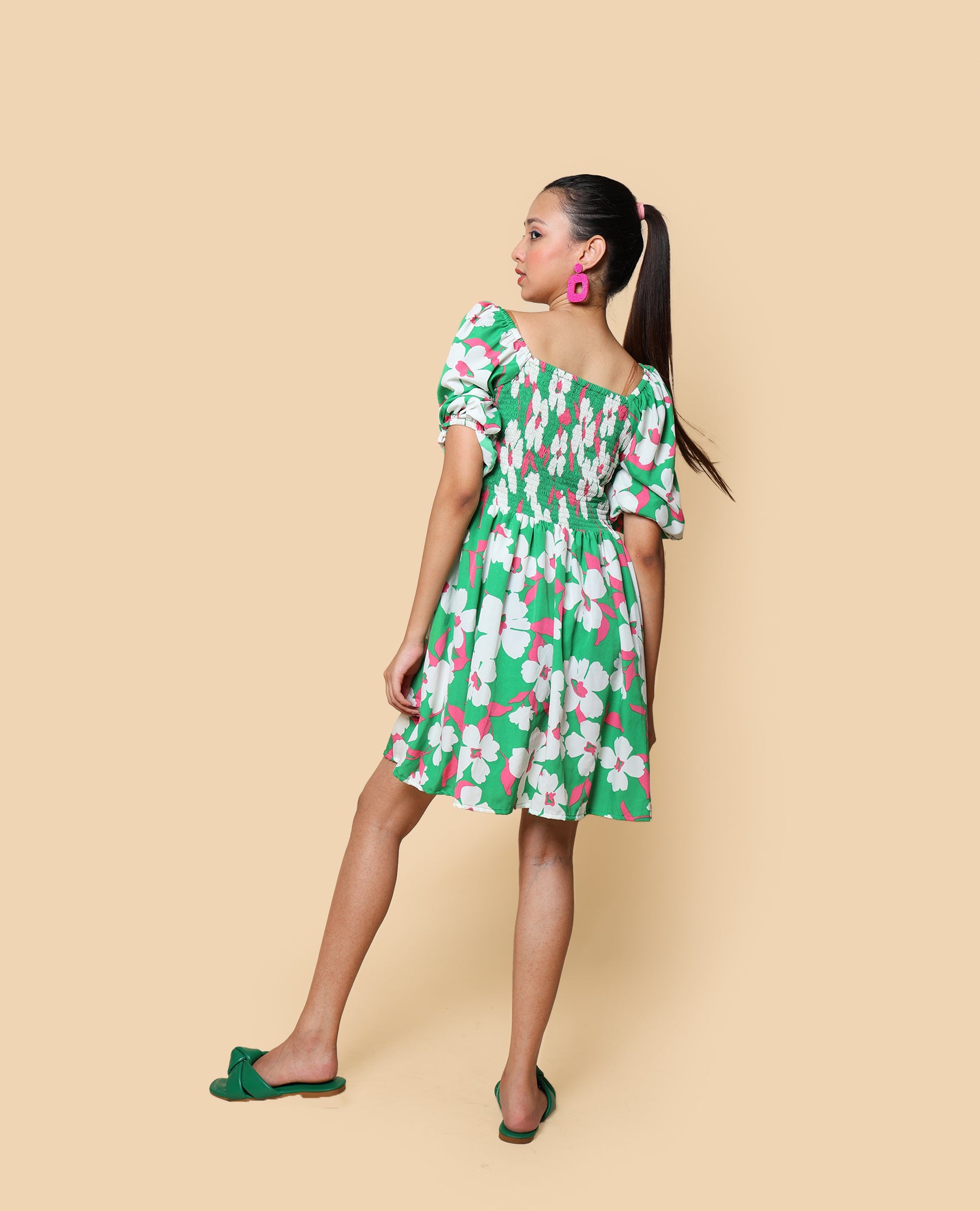 Kellpar Green Floral Front Pleated Dress