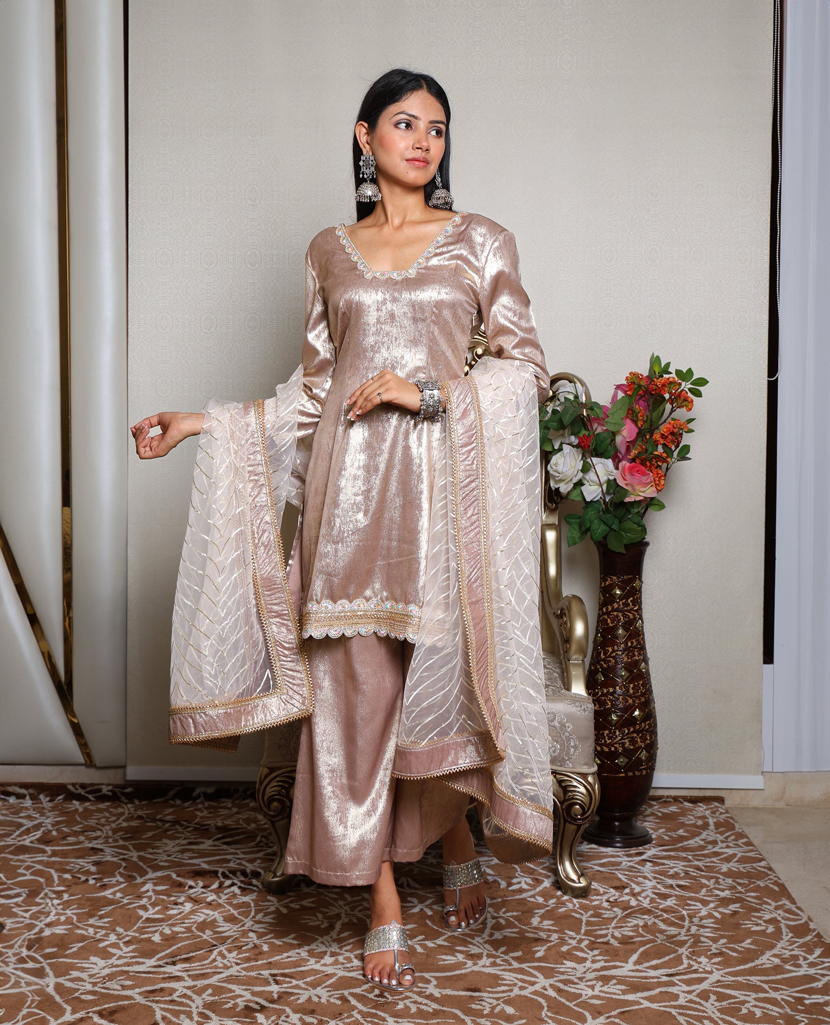 Kellpar Dazzling Rose Gold Shimmer Suit with Trousers