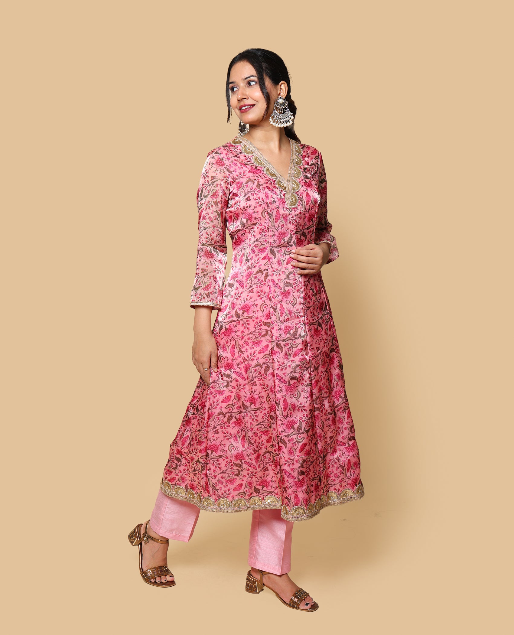 Kellpar  Pink Floral Kali Kurti with Pant