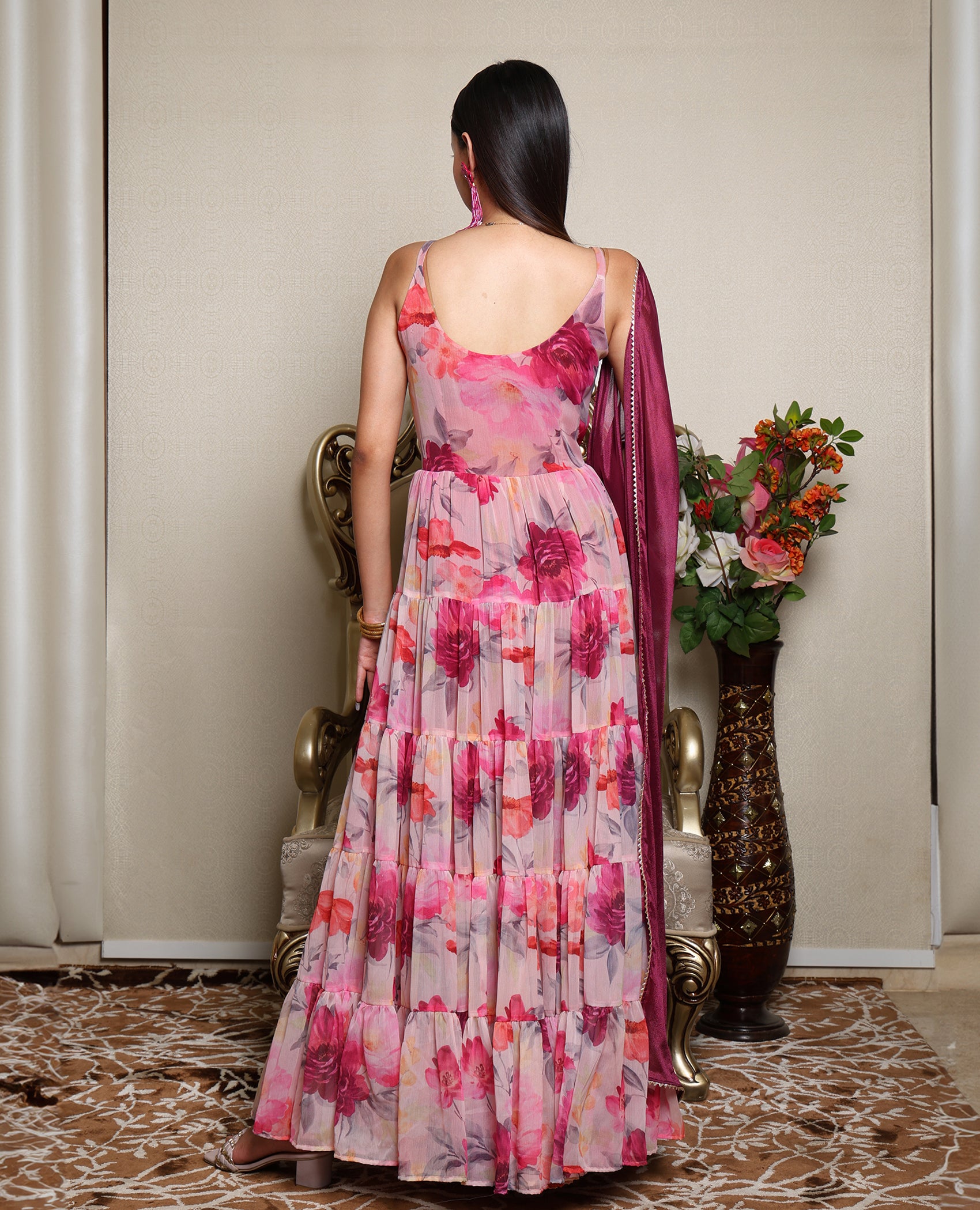 Kellpar Strap Floral Gown With Dupatta