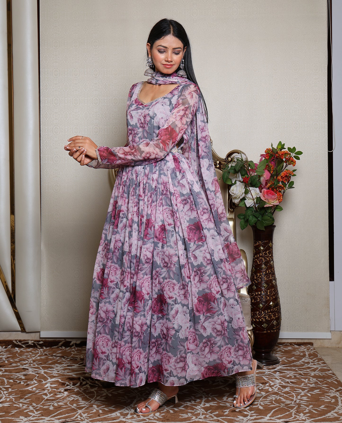 Kellpar Stunning Full Sleeve Floral Print Gown with Dupatta