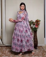 Kellpar Stunning Full Sleeve Floral Print Gown with Dupatta