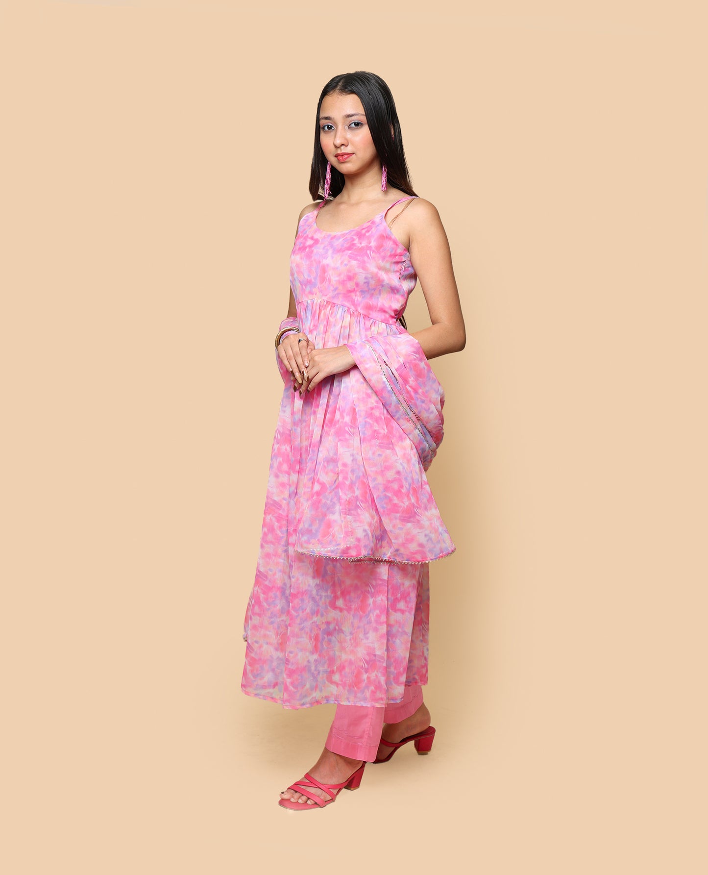 Kellpar Pink Chiffon High Slit Kurti Set