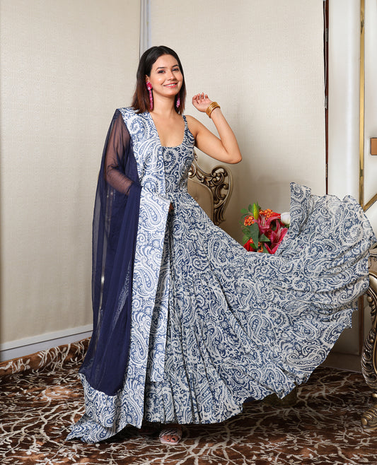 Kellpar Strap Navy Blue Gown With Dupatta