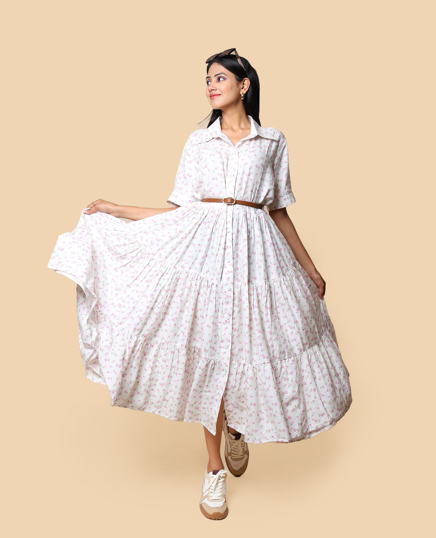 Kellpar Floral White Tiered Dress Without belt