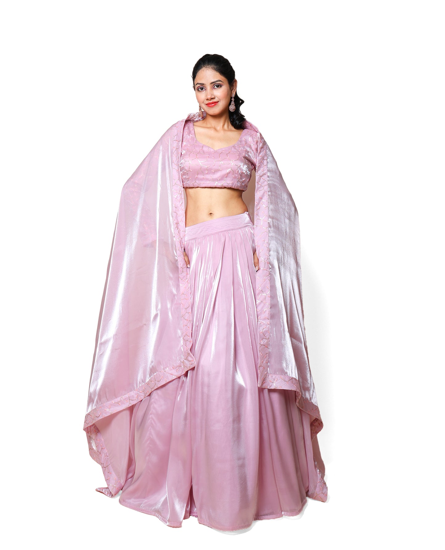 Kellpar  Shiny Pink Lehenga Set with Embroidery