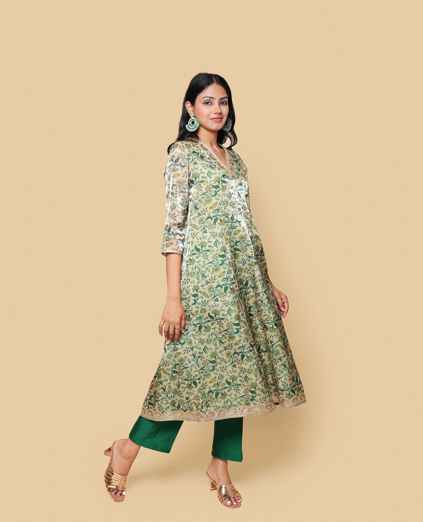 Kellpar  Green Floral Kali Kurti with Pant