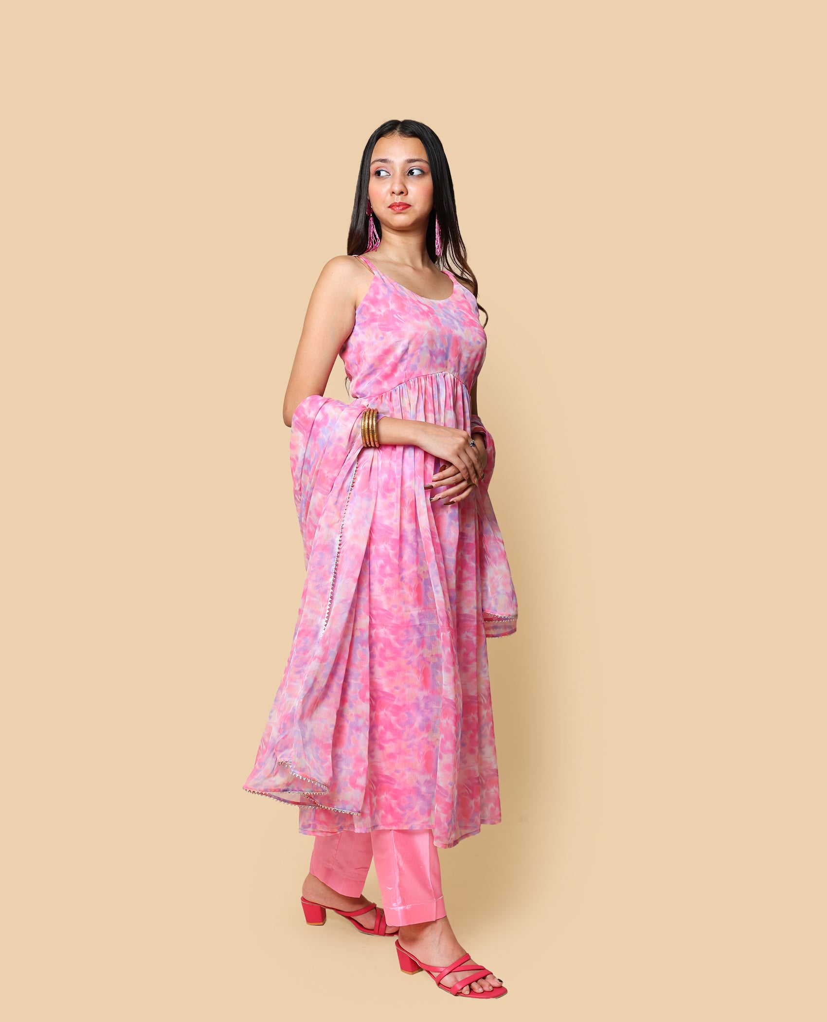 Kellpar Pink Chiffon High Slit Kurti Set