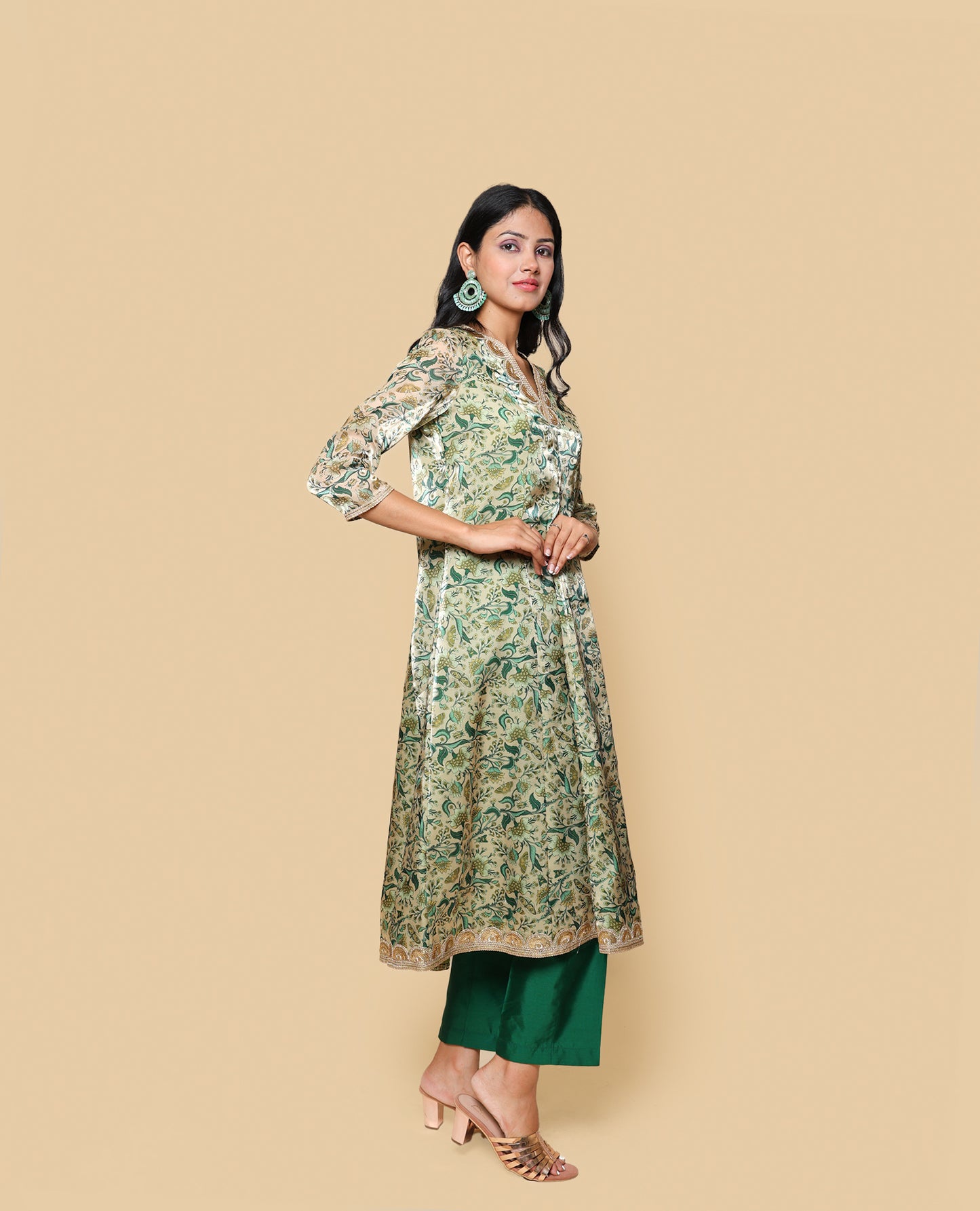 Kellpar  Green Floral Kali Kurti with Pant